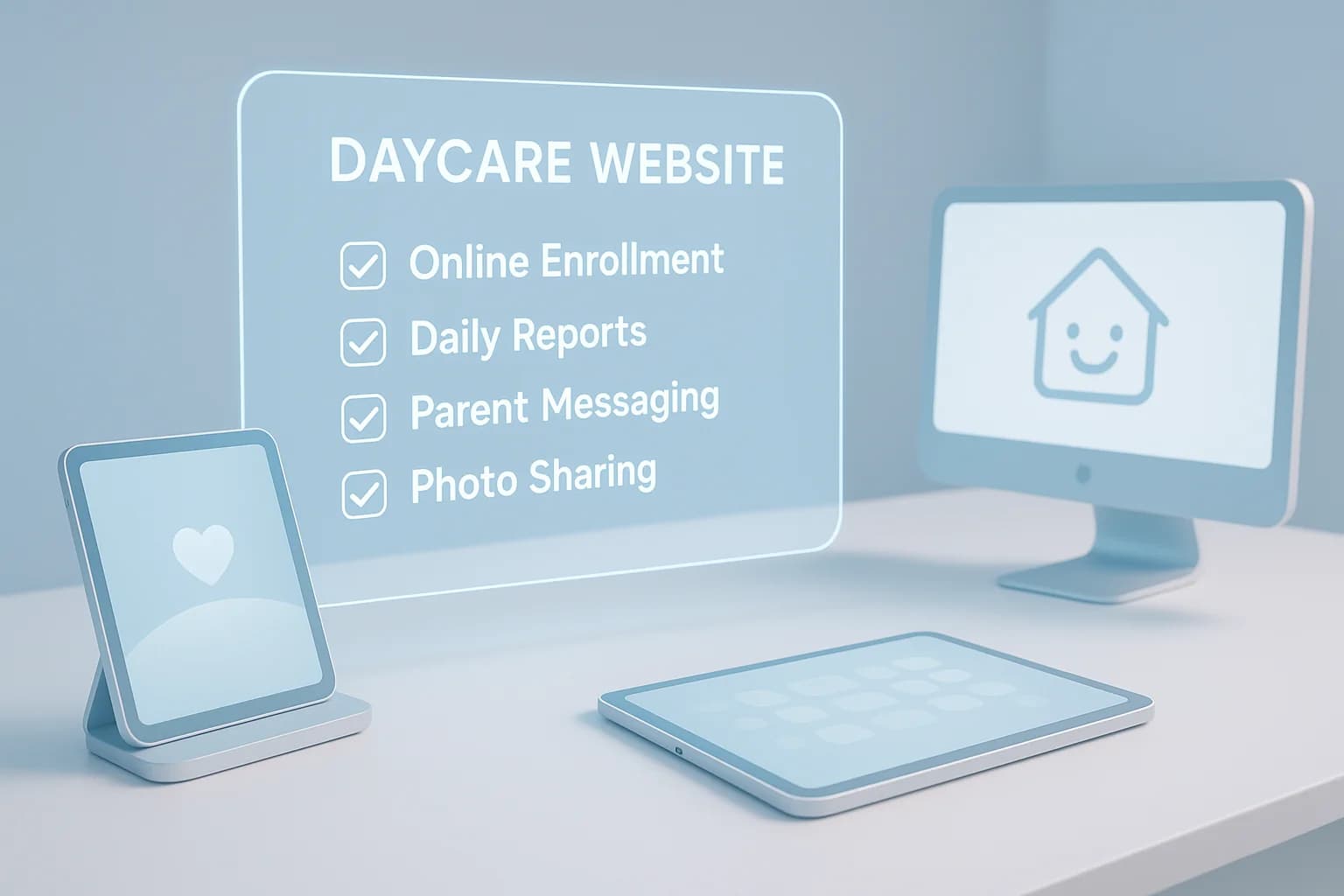 Futuristic daycare technology interface showing modern website features checklist