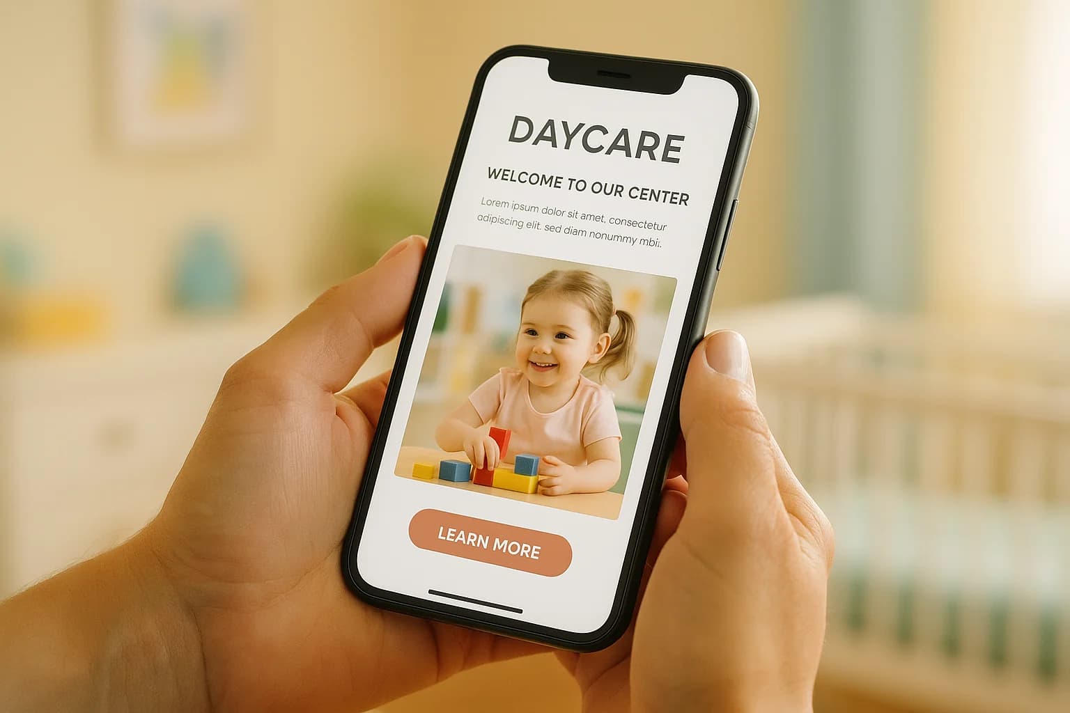 Parent's hands holding smartphone viewing a daycare website on screen with warm natural lighting