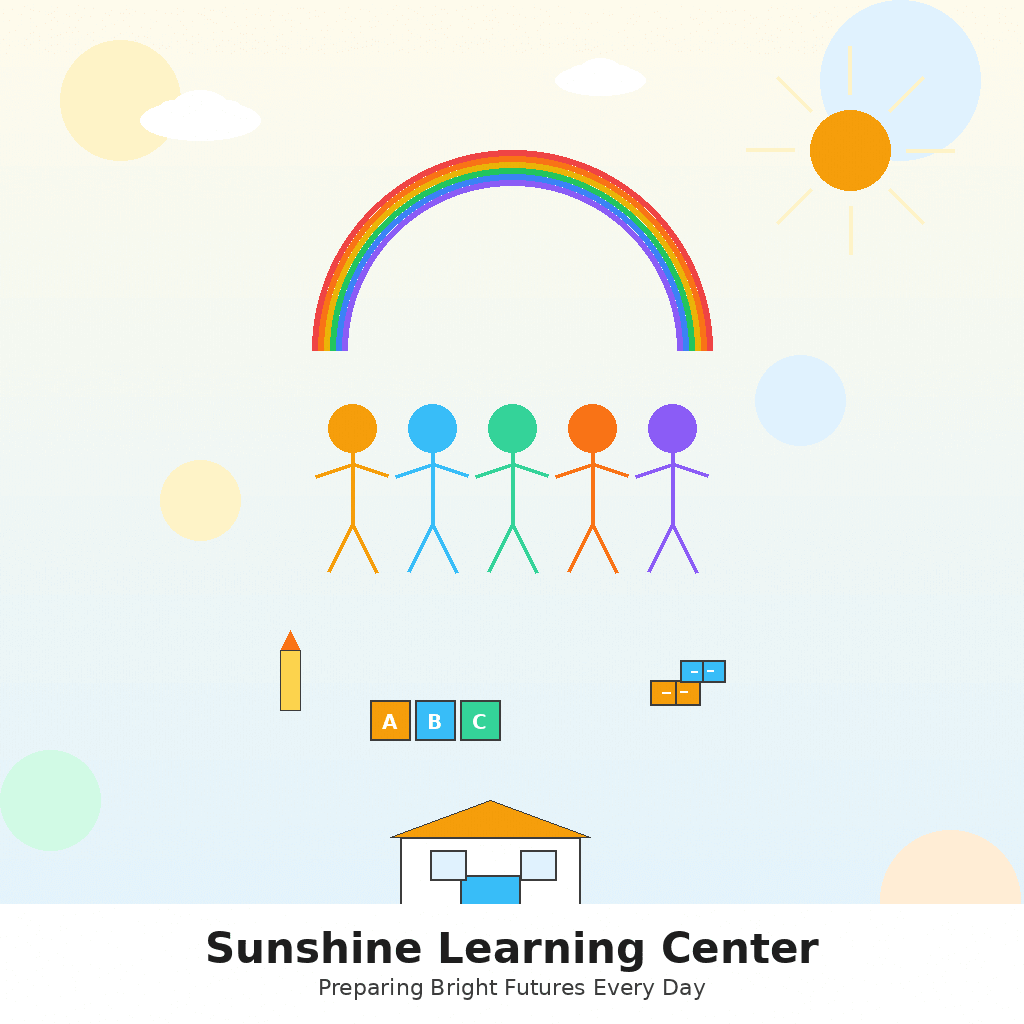Sunshine Learning Center bright classroom with children learning and playing, featuring warm colors and educational activities