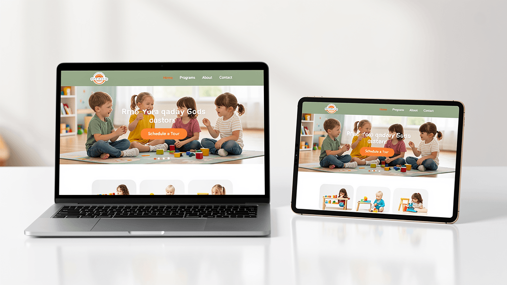 Professional daycare website mockup on laptop and tablet screens, featuring warm colors and a Schedule a Tour call-to-action