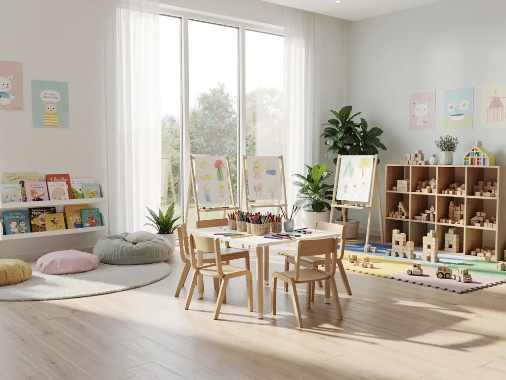 Growing Minds Academy interior showing colorful classroom with play stations