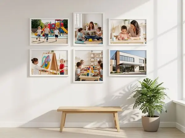Gallery wall of framed daycare photos