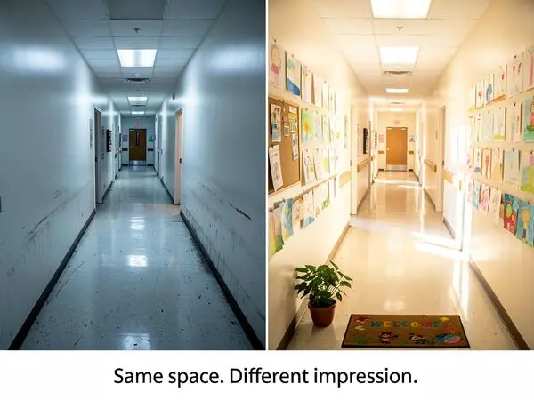 Same hallway: outdated vs renovated