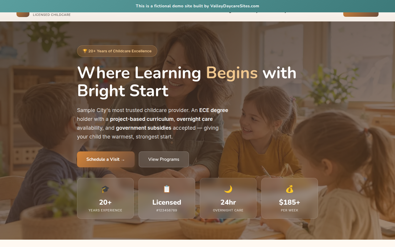 Bright Start Academy daycare website demo with programs section and warm sage color theme
