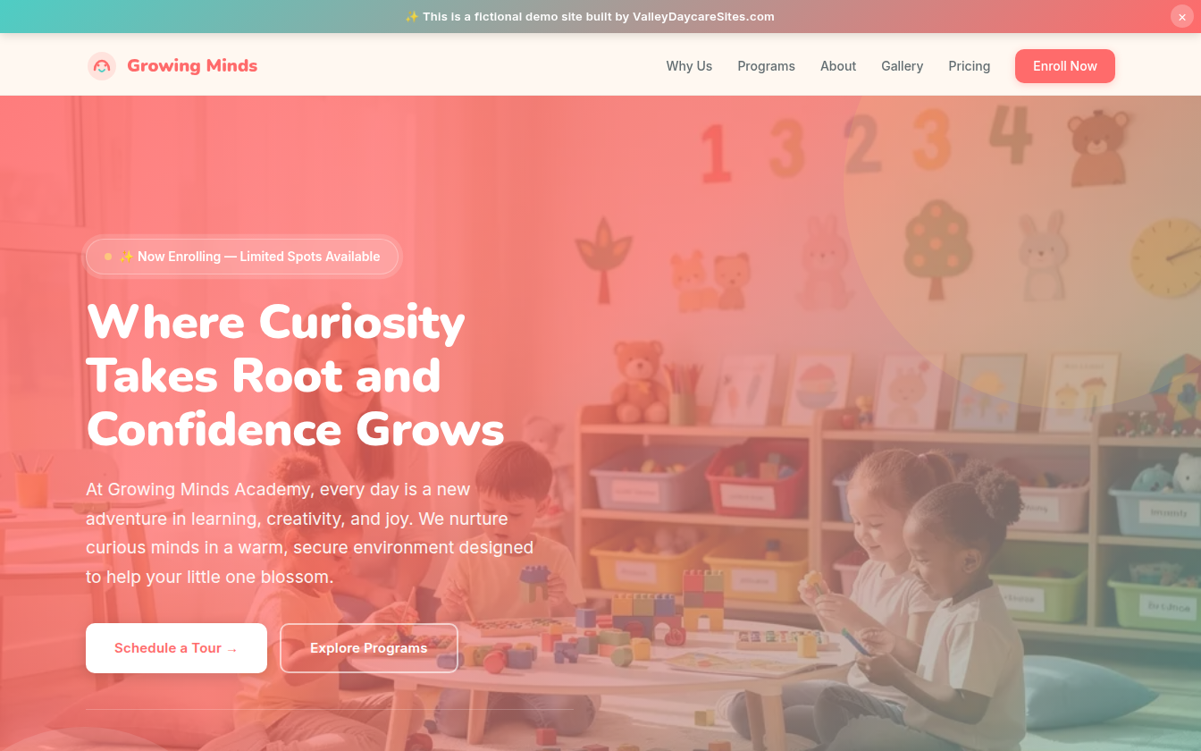 Growing Minds Academy multi-location childcare center website demo with location finder