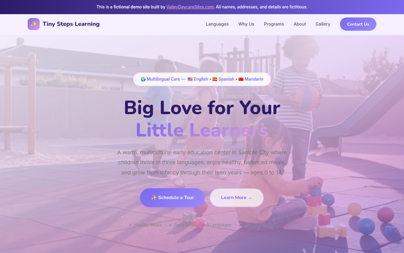 Tiny Steps Learning early education website demo with teal theme